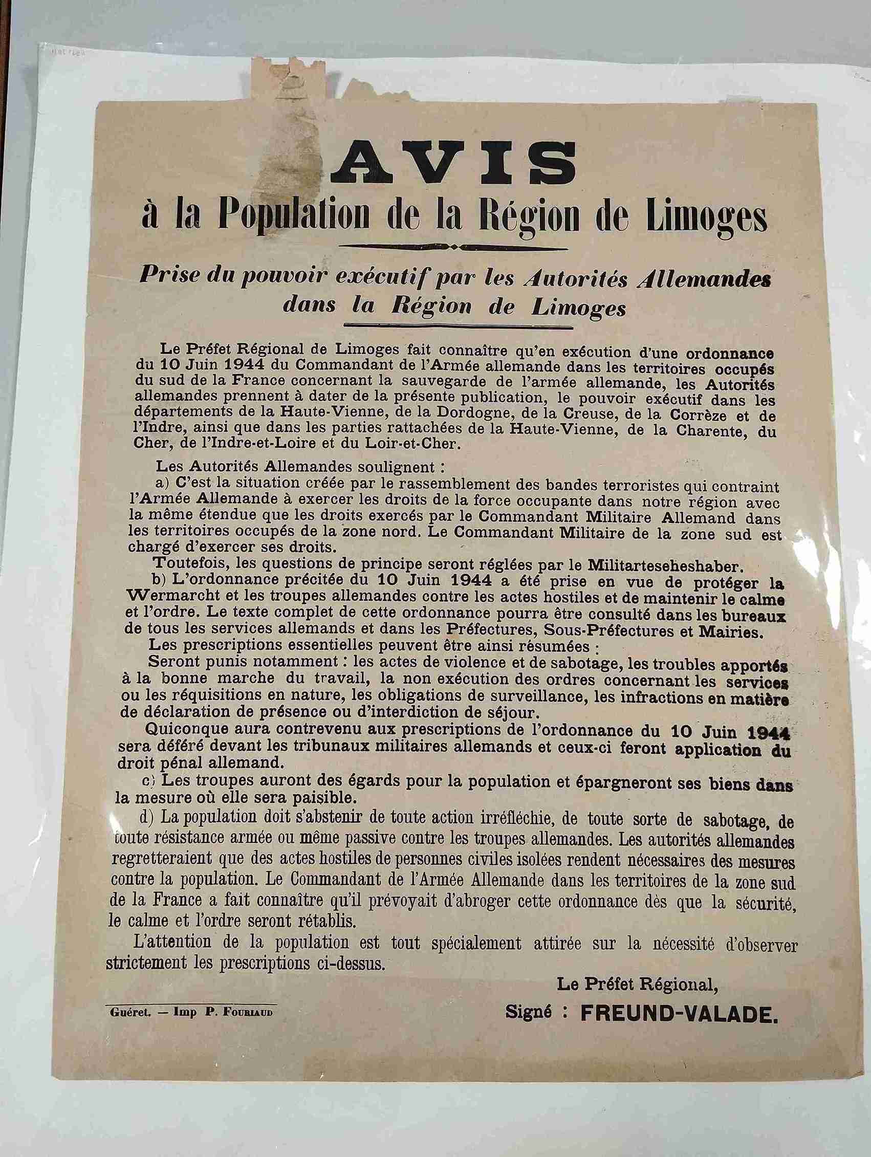 Affiche placardée par les Autorités nazies à Limoges le 10 juin 1944